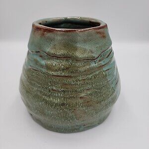 Handmade Stoneware Pottery Vase Aqua Beige Artist Signed 5"